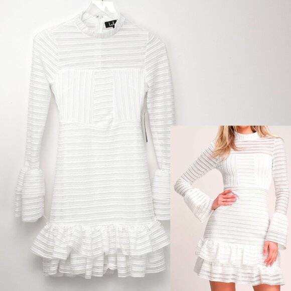Lulus Dresses & Skirts - Lulus For Always Dress Tonal Stripe Ruffled Long Sleeve Mini White Small New